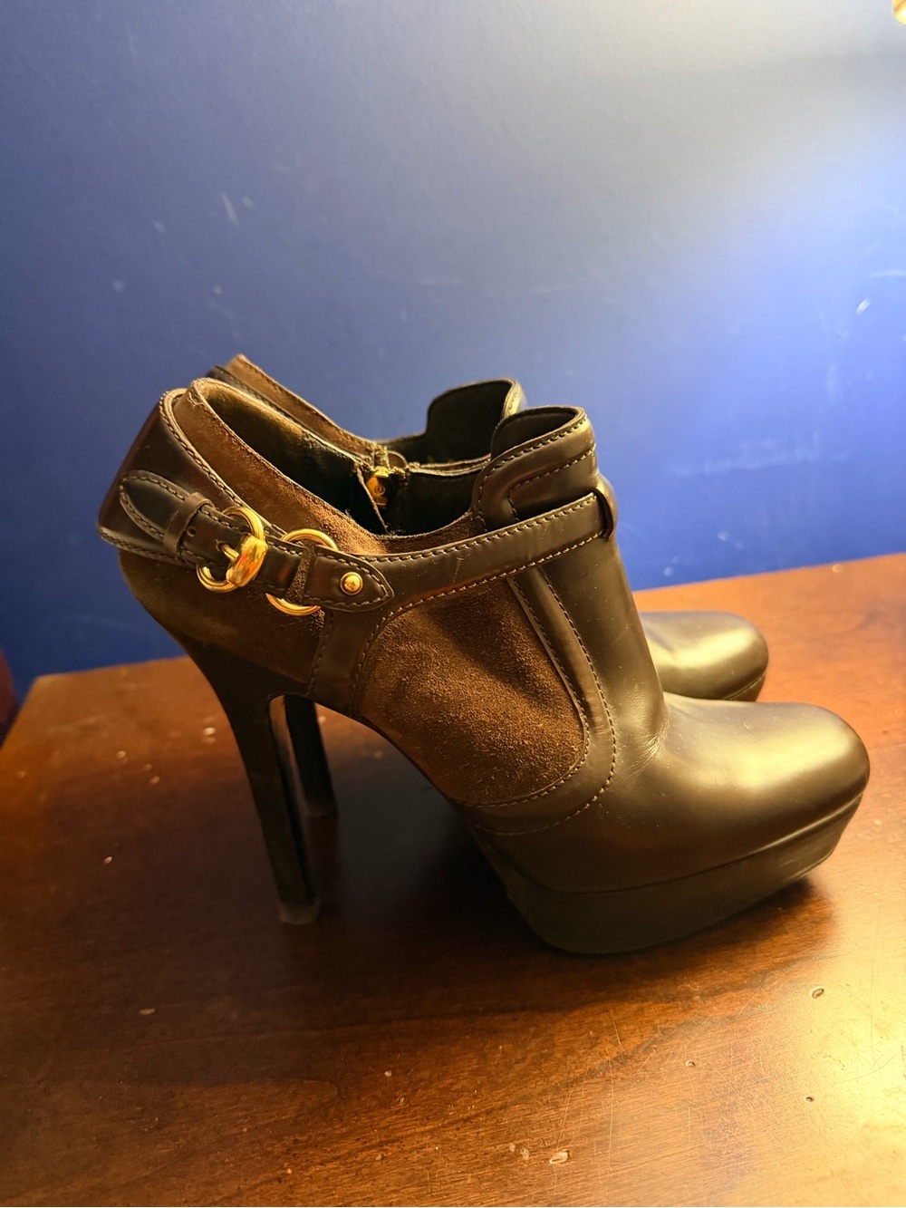 Gucci Brown Leather & Suede High Heel Ankle Booties with Gold Hardware